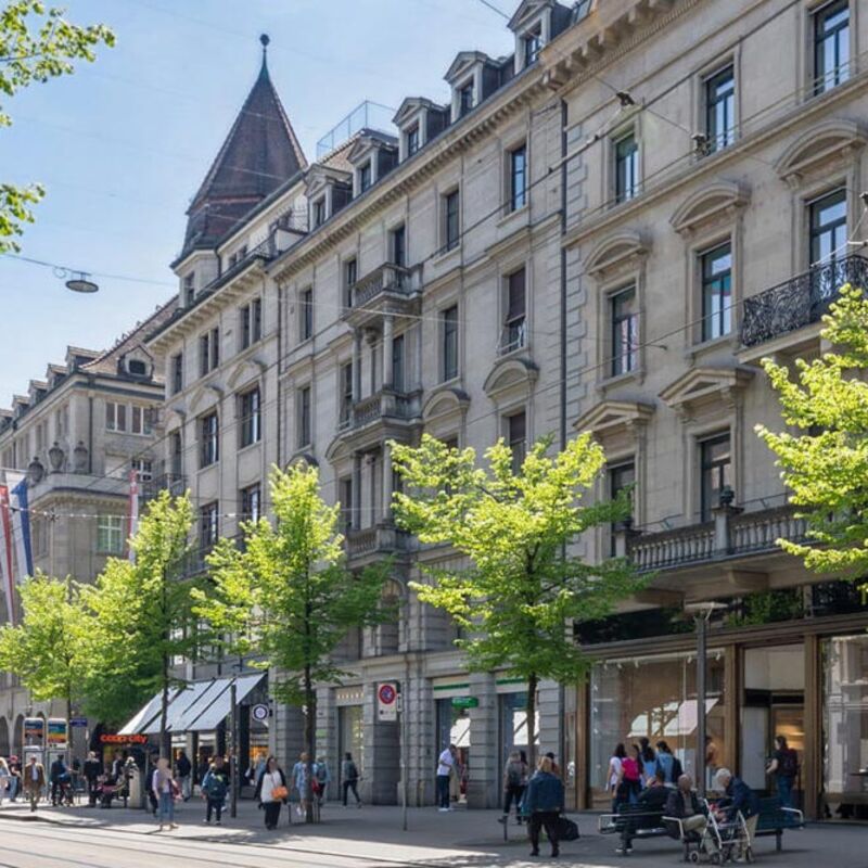 Historische Geschäftshäuser an einer baumbestandenen Straße in Zürich