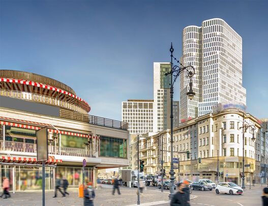 Kurfürstendamm mit Café Kranzler und den Hochhäusern der City West in Berlin
