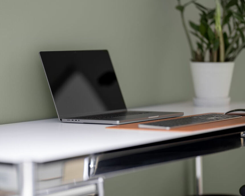 Arbeitsplatz mit Laptop und Pflanze im Office Club Düsseldorf