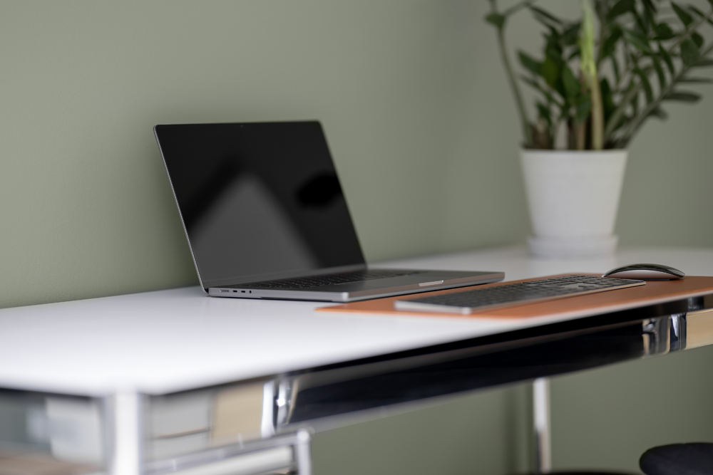 Arbeitsplatz mit Laptop und Pflanze im Office Club Düsseldorf
