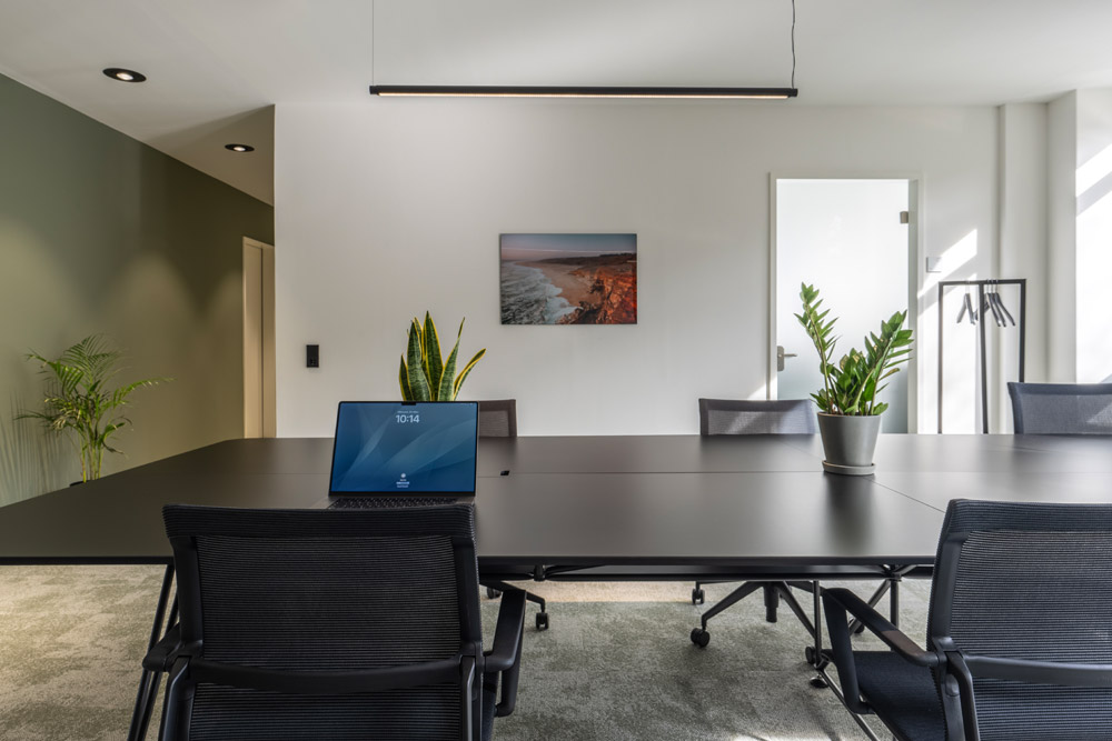 Flexibler Arbeitsplatz mit schwarzem Tisch, Laptop und Pflanzen im Office Club Köln