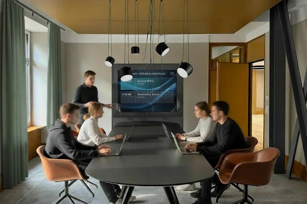 Team-Meeting am langen Tisch vor einem Bildschirm im Sitzungszimmer des Office Club Zürich