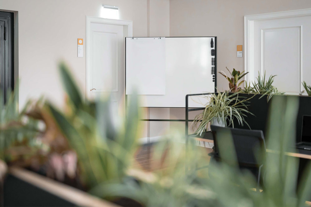 Blick durch Pflanzen auf Arbeitsplätze mit Whiteboard im Office Club Berlin