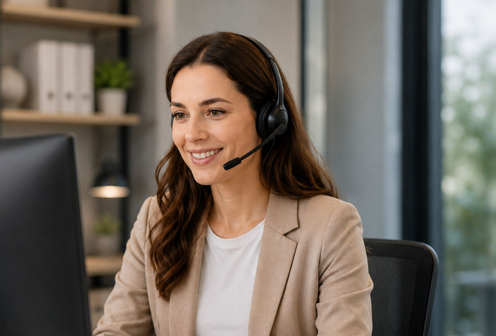 Lächelnde Frau mit Headset am Schreibtisch